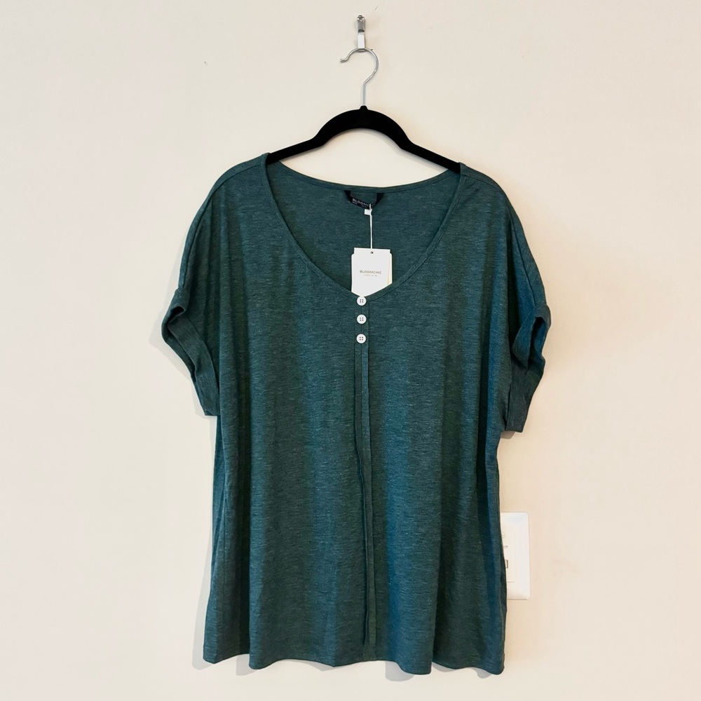 Bloom Chic Plain V Neck Button Detail Roll Dolman Sleeve T-shirt